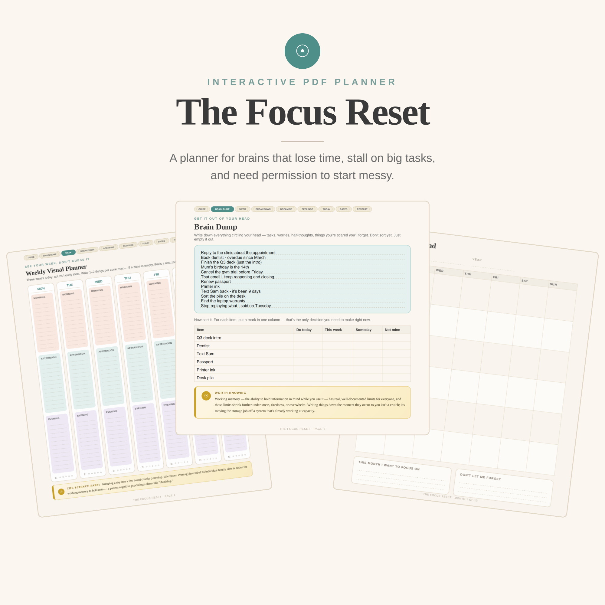 Three planner pages from The Focus Reset fanned out on a cream background