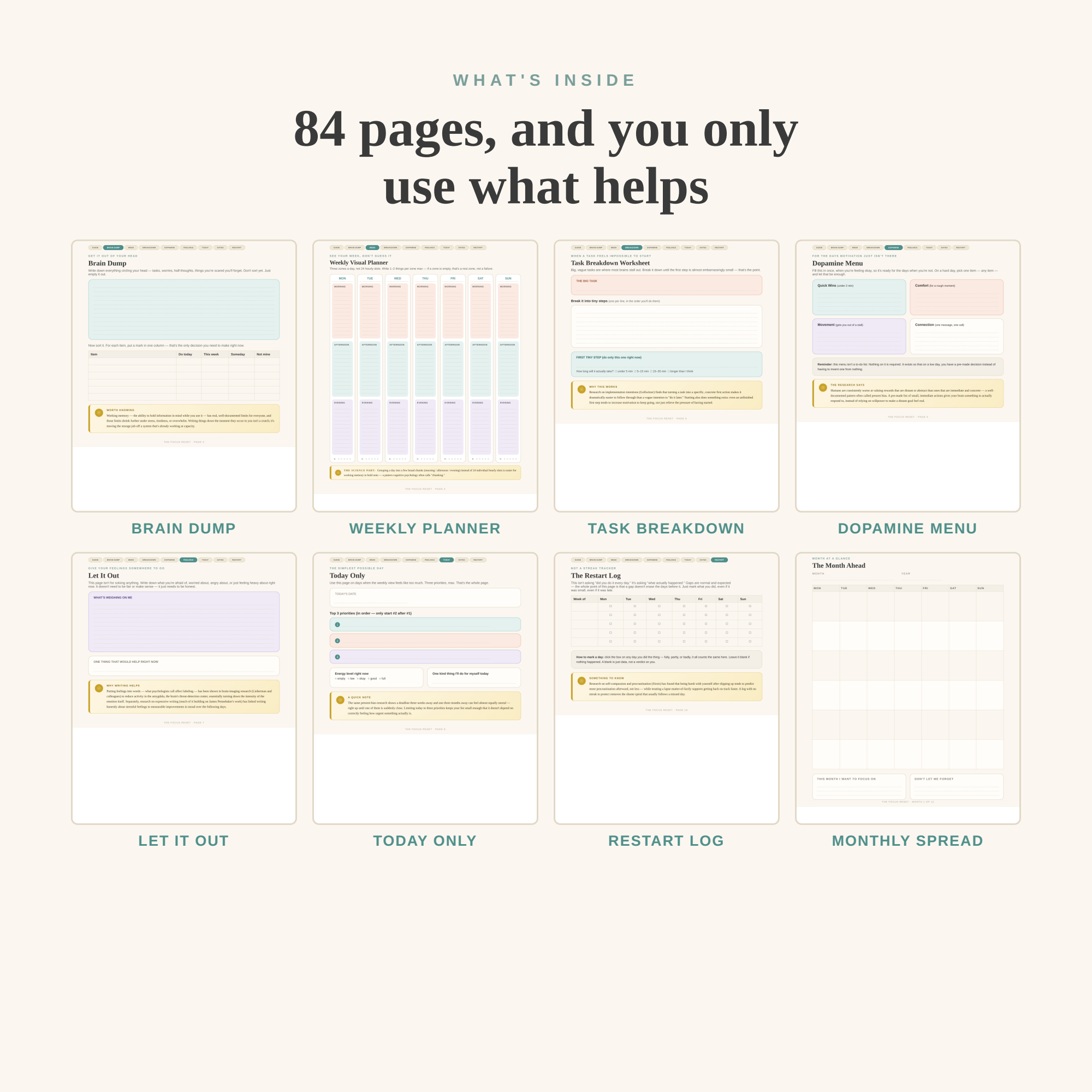 Grid preview of eight planner pages included in The Focus Reset