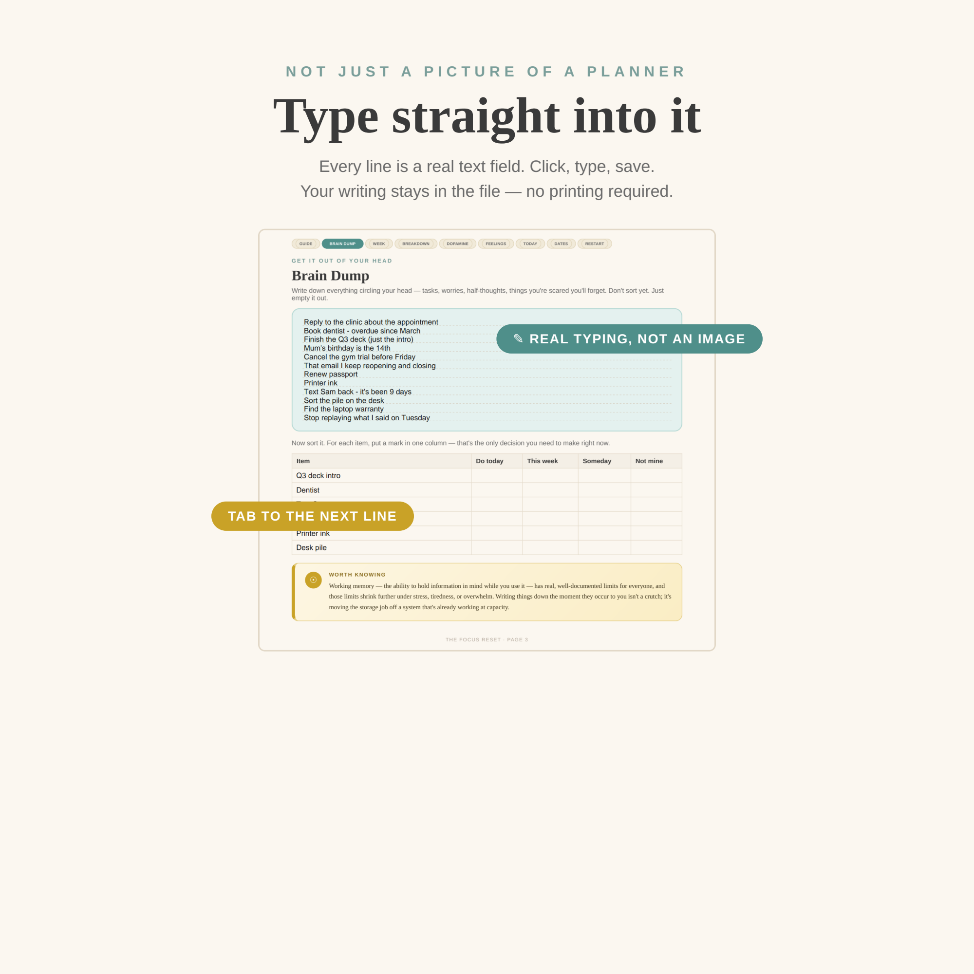 A Focus Reset planner page filled in with typed text in its form fields