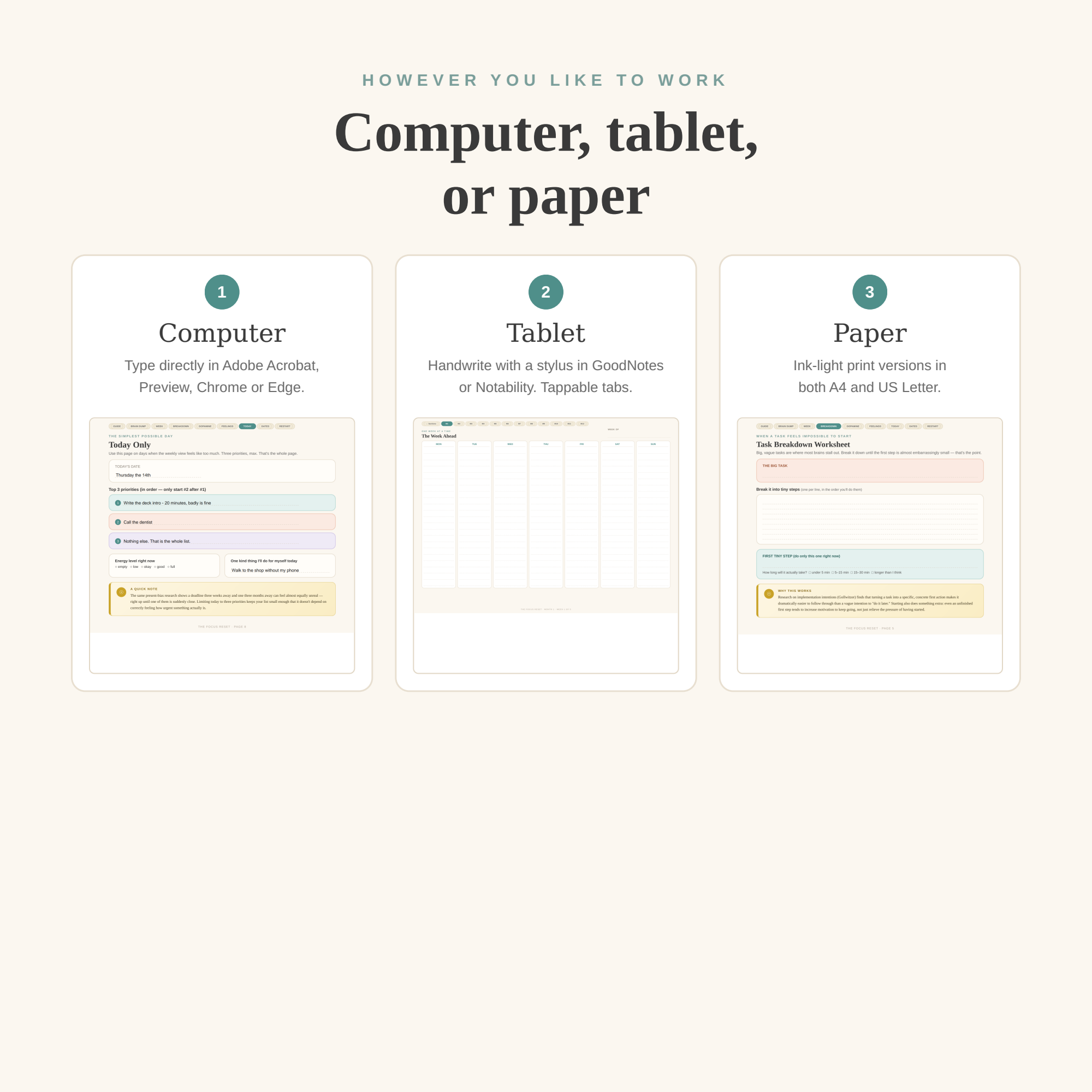The Focus Reset shown on a computer, a tablet with stylus, and printed on paper